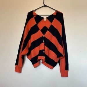 Cover Stitched striped o er sized button down long sleeve navy orange sw…